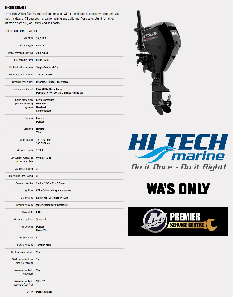 Mercury Marine 20 HP Outboard In Stock Now Hi Tech Marine